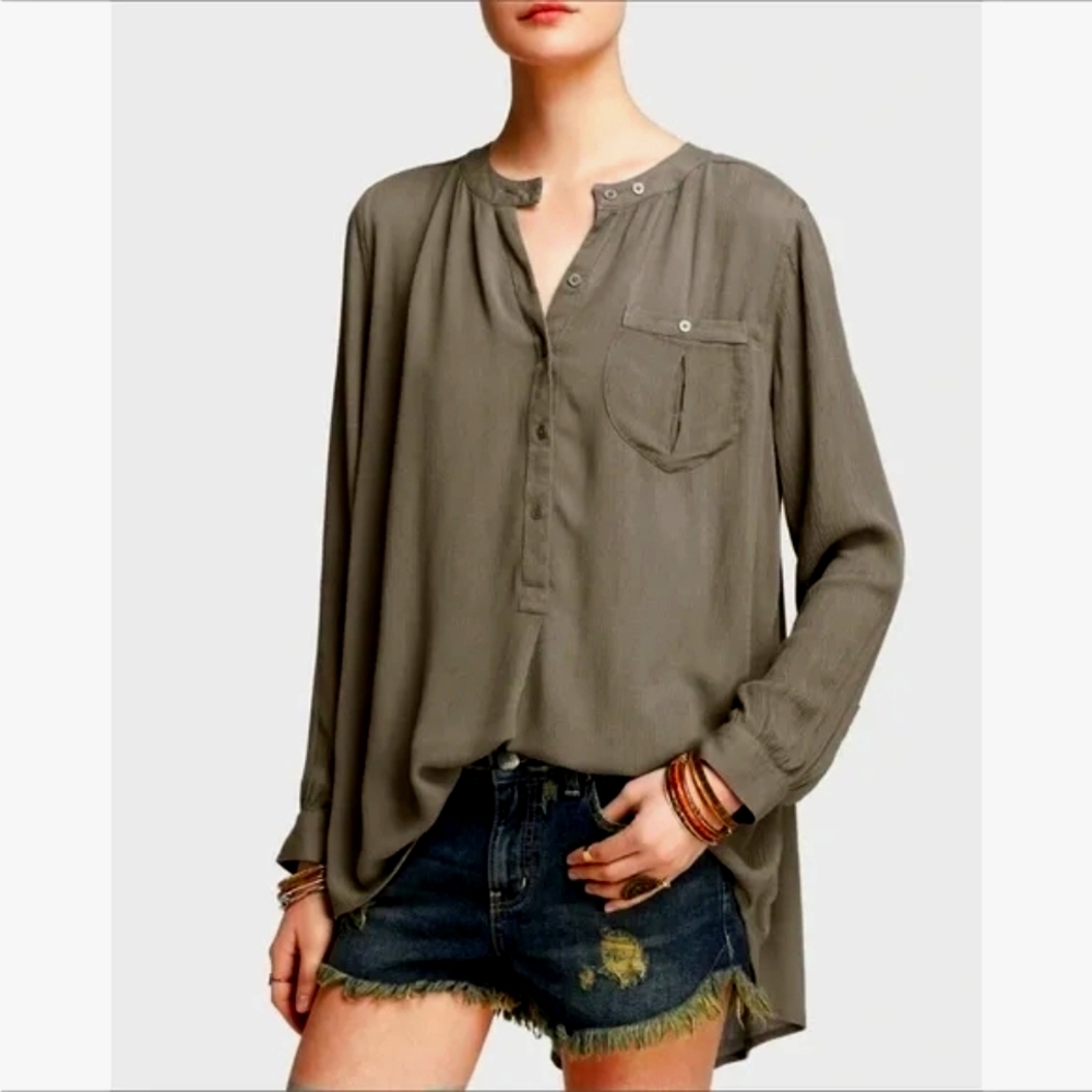 Free People Awesome Olive Button-Down Blouse Nwot